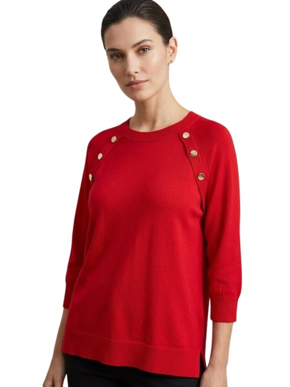 Lane Bryant Sweater Plus Size 18/20 Crewneck Button 3/4 Sleeve Red Cozy Knitwear
